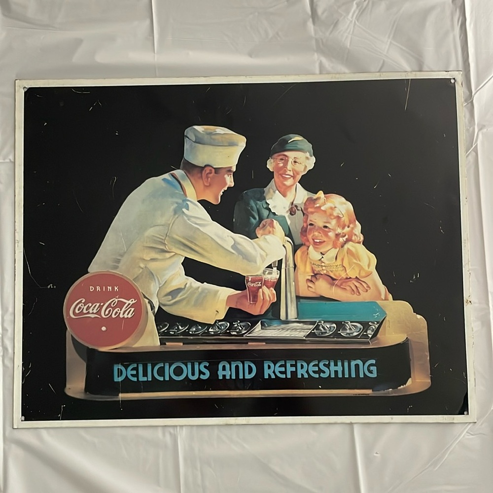 Coca Cola "Delicious And Refreshing"  Tin Sign metal drug store soda fountain